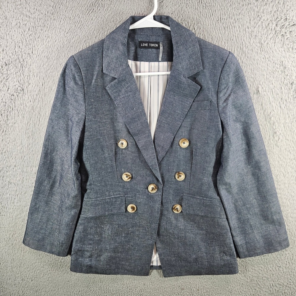 Love Token Womens Blue Linen Blend Double Breasted Blazer Jacket XS Pinstripe